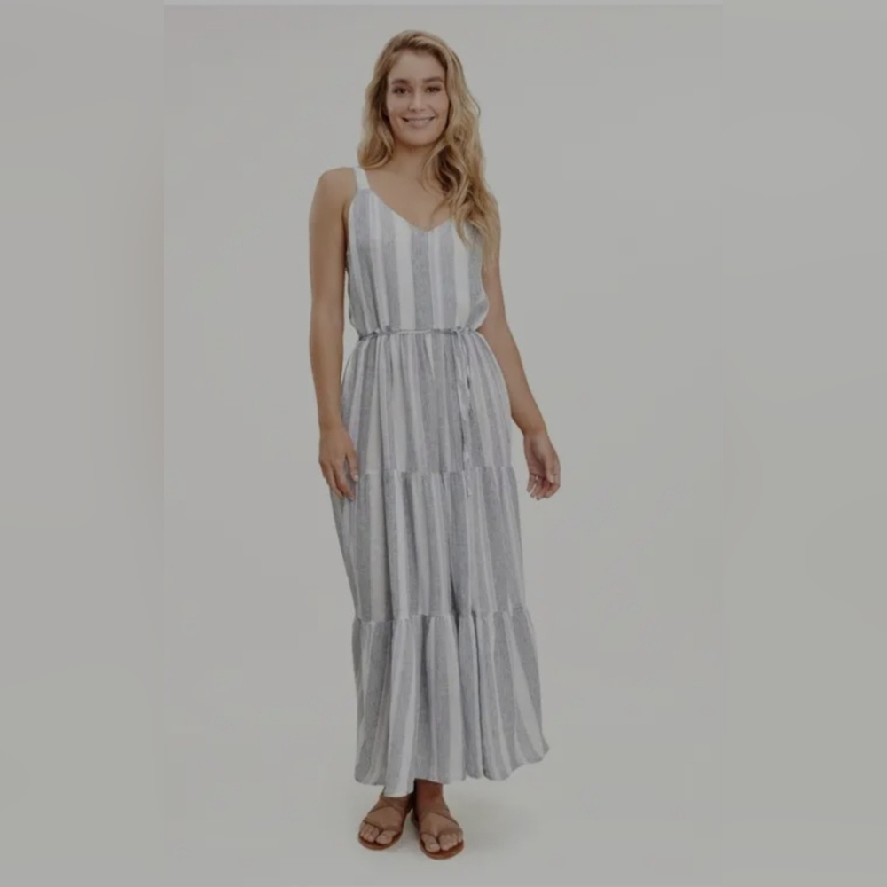 Splendid Baja Maxi  Stripe Gray/purple Ruffled Tiered Maxi Sundress NWOT Size L